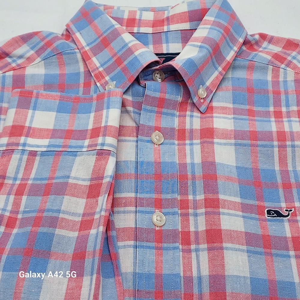 Vineyard Vines Slim Fit Shirt Red Blue Plaid ButtonDown Linen Cotton Blend Men M